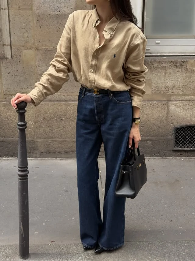 Oversized Linen Shirt Outfit with Wide-Leg Jeans