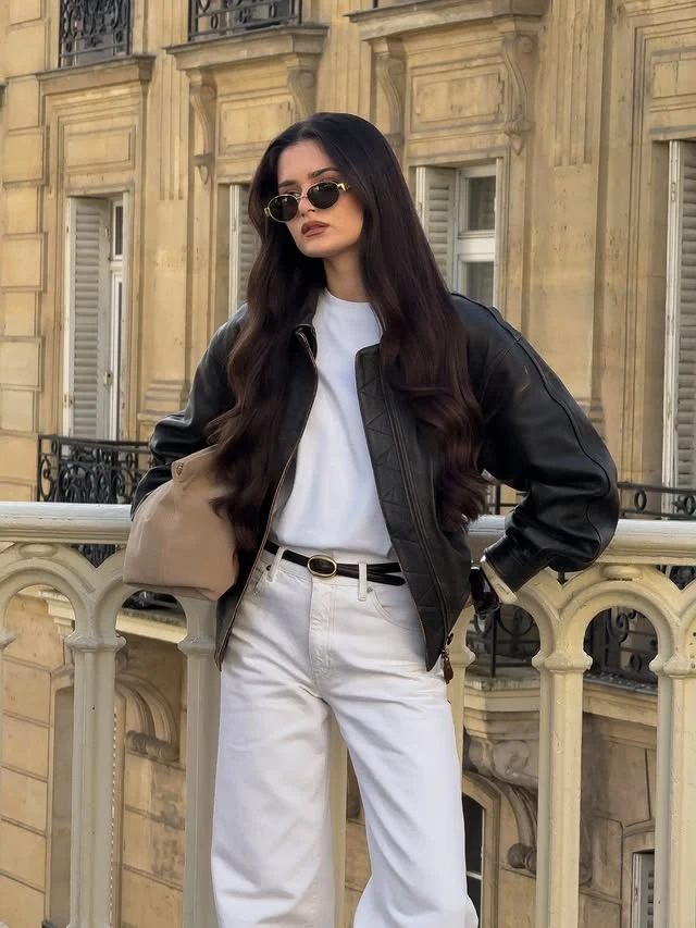 Black Leather Bomber Jacket White Wide-Leg Jeans Outfit