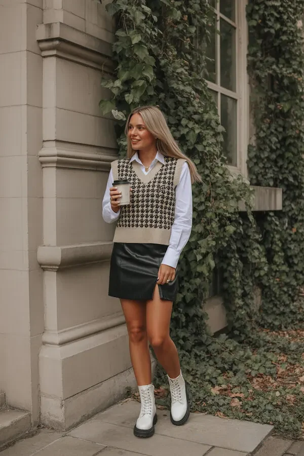 Houndstooth Vest Outfit with Leather Mini Skirt