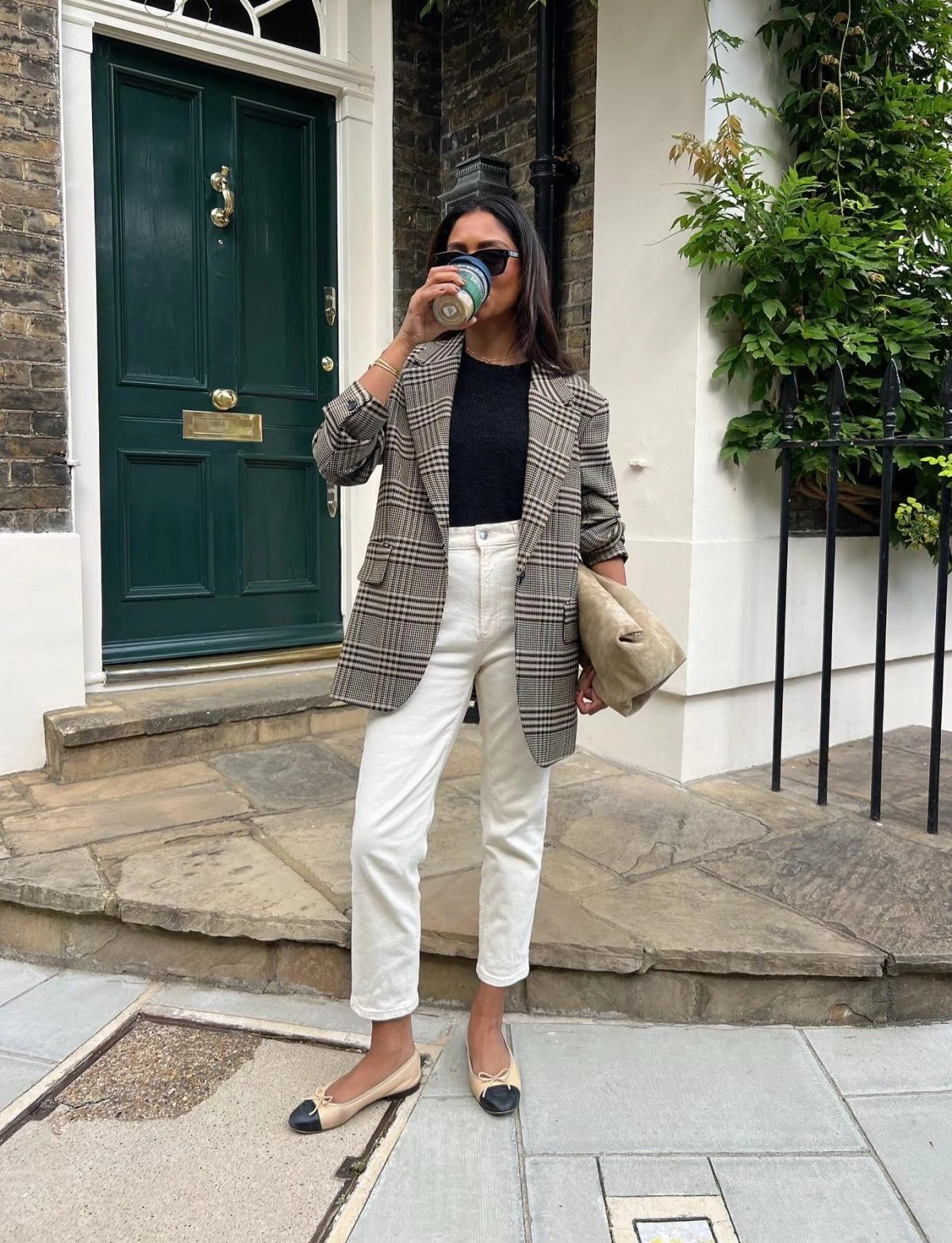 Checked Blazer Outfit with White Jeans and Black Knit