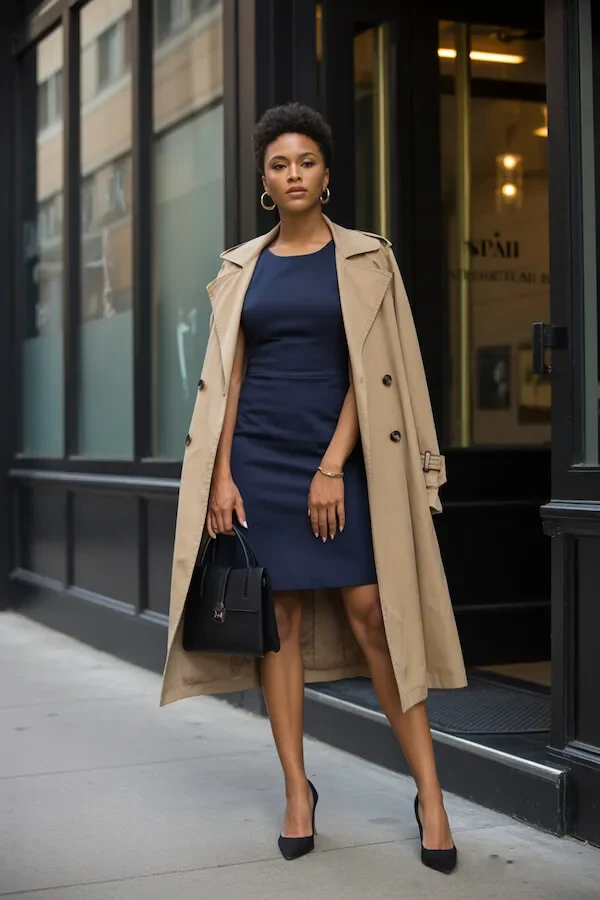 Navy Sheath Dress with Beige Trench Coat and Pointed Pumps