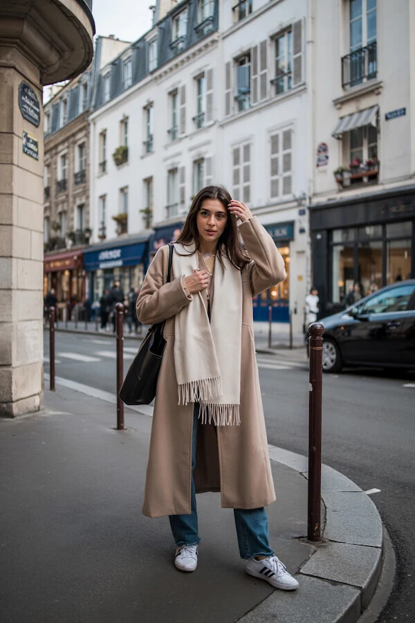 Camel Coat Cream Scarf Blue Jeans Paris Outfit