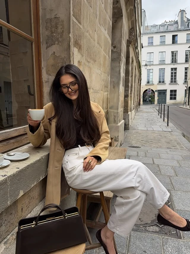 Camel Blazer White Wide-Leg Trousers Parisian Outfit