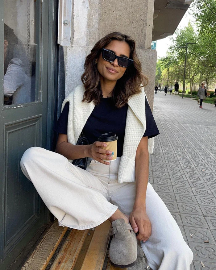 Cream Knit Vest Outfit with White Wide-Leg Jeans