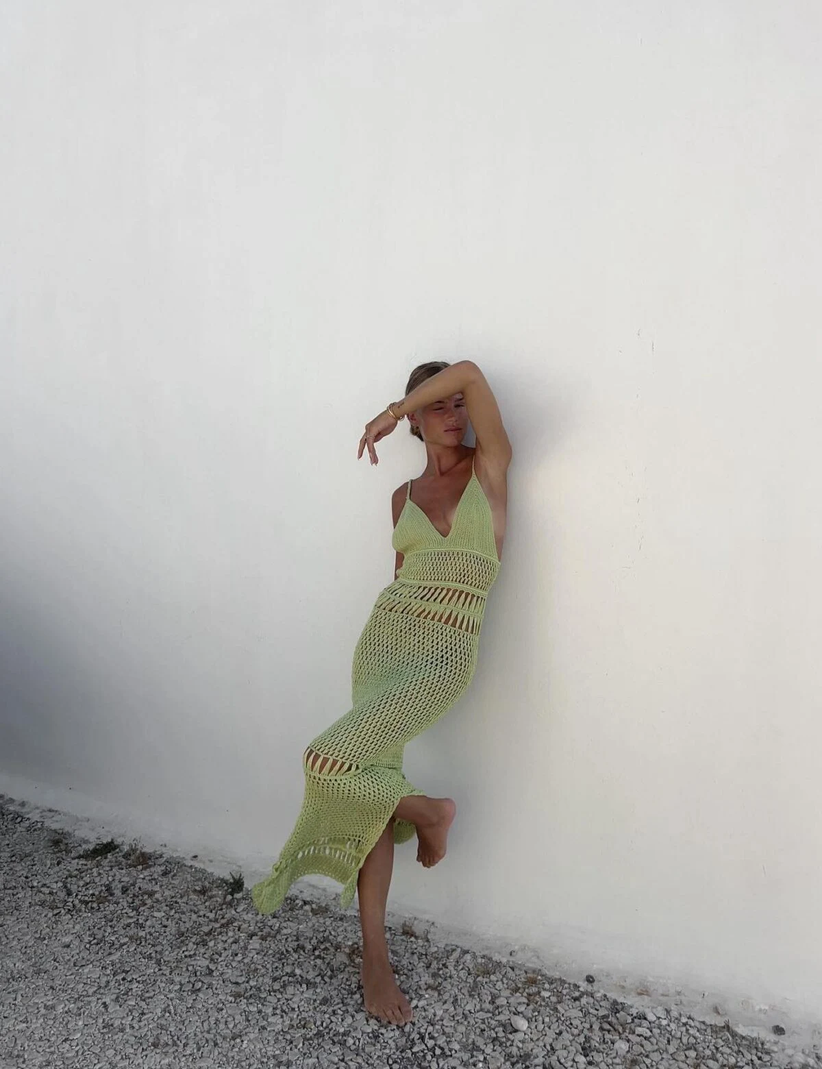 Pistachio Green Crochet Maxi Dress with Cutout Waist