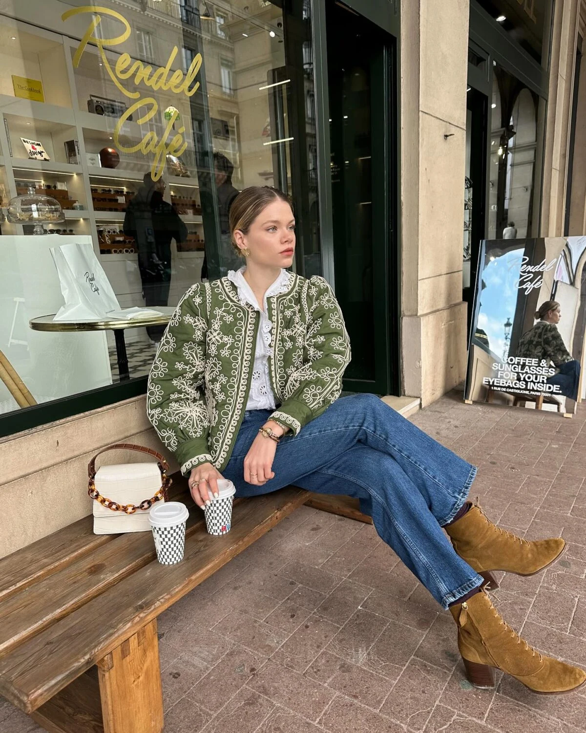 Olive Green Embroidered Jacket Outfit with Flared Jeans