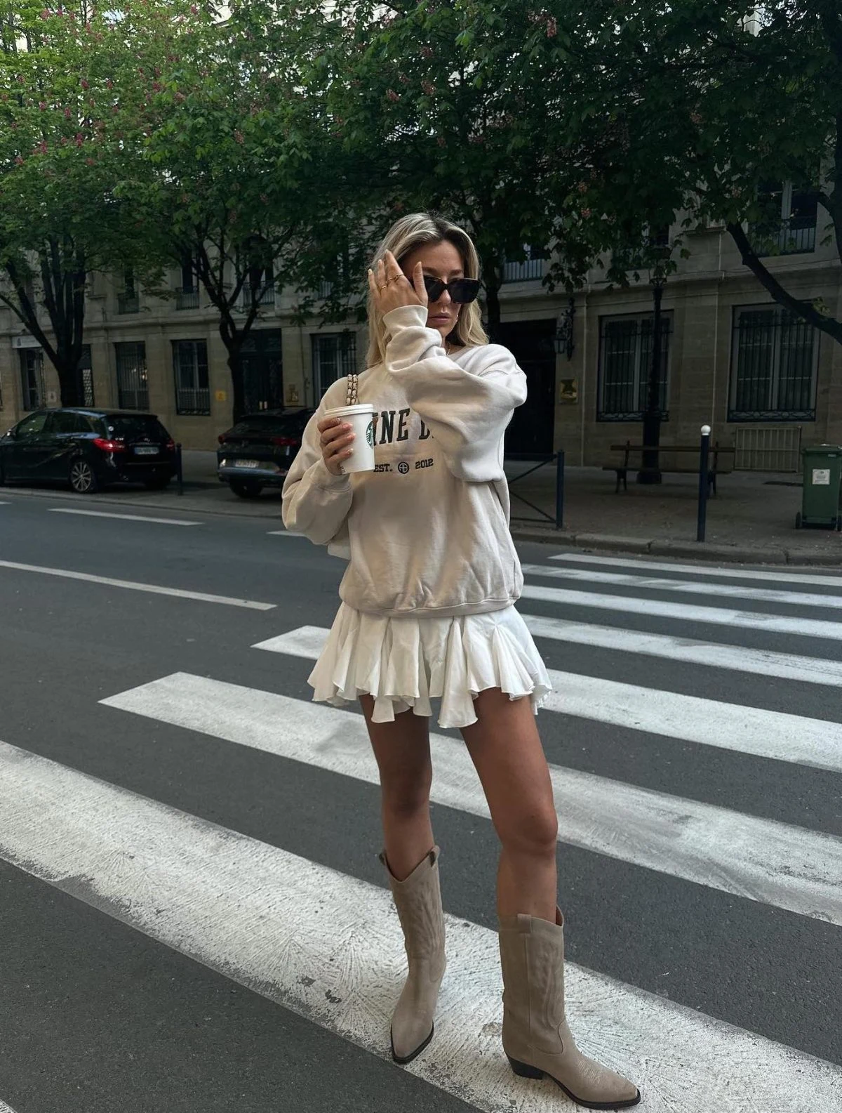 Oversized Sweatshirt and Mini Skirt Outfit with Suede Boots