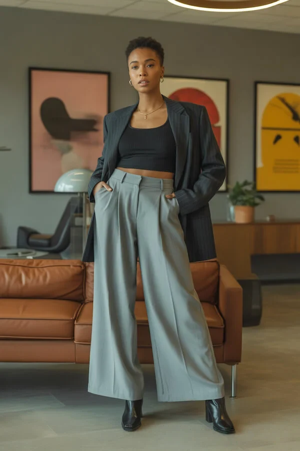 Black Blazer Sage Green Wide Leg Trousers Outfit