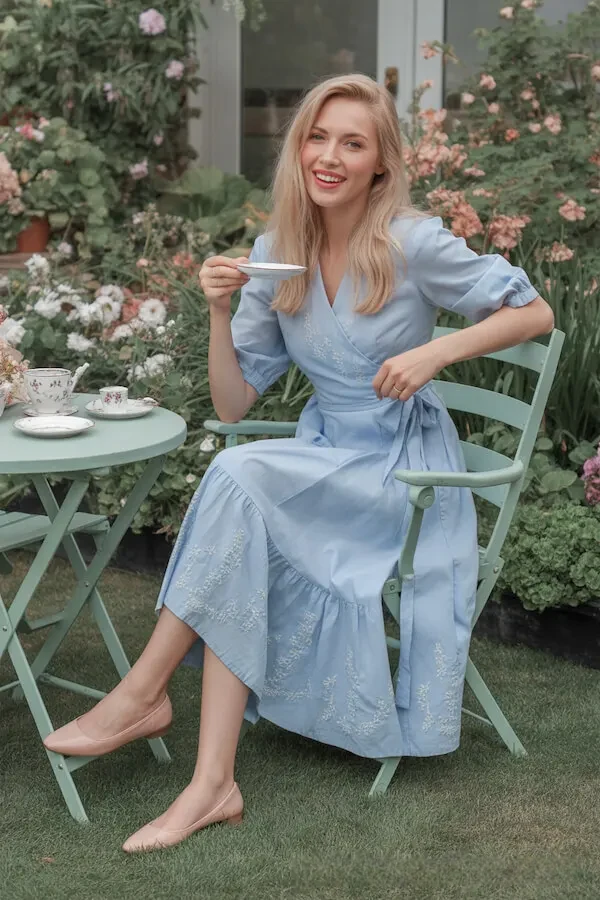 Powder Blue Wrap Dress With Floral Embroidery And Puff Sleeves