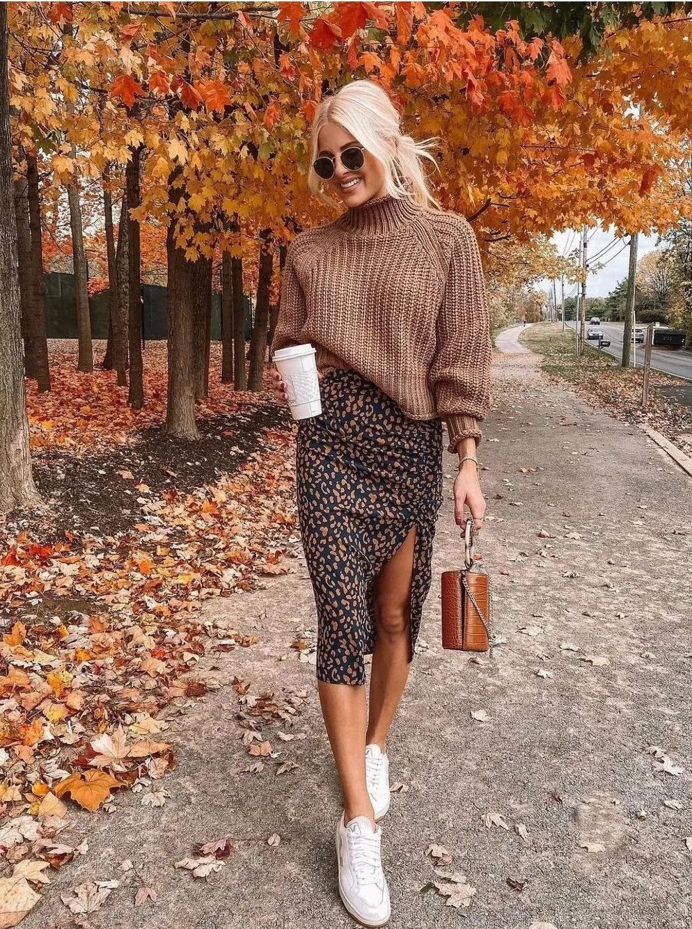 Camel Sweater Leopard Midi Skirt Fall Outfit
