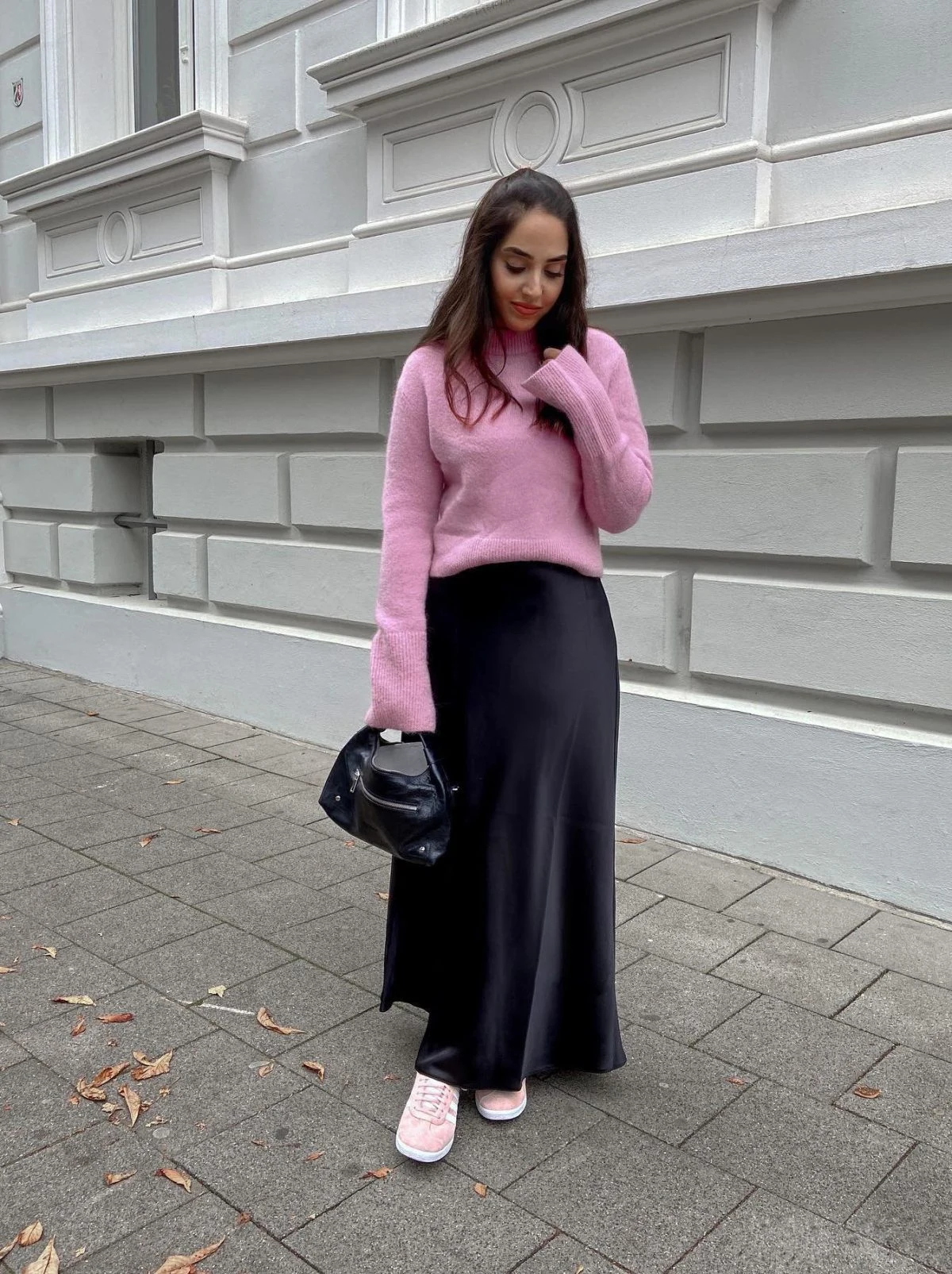 Pink Sweater Black Satin Skirt Outfit with Sneakers