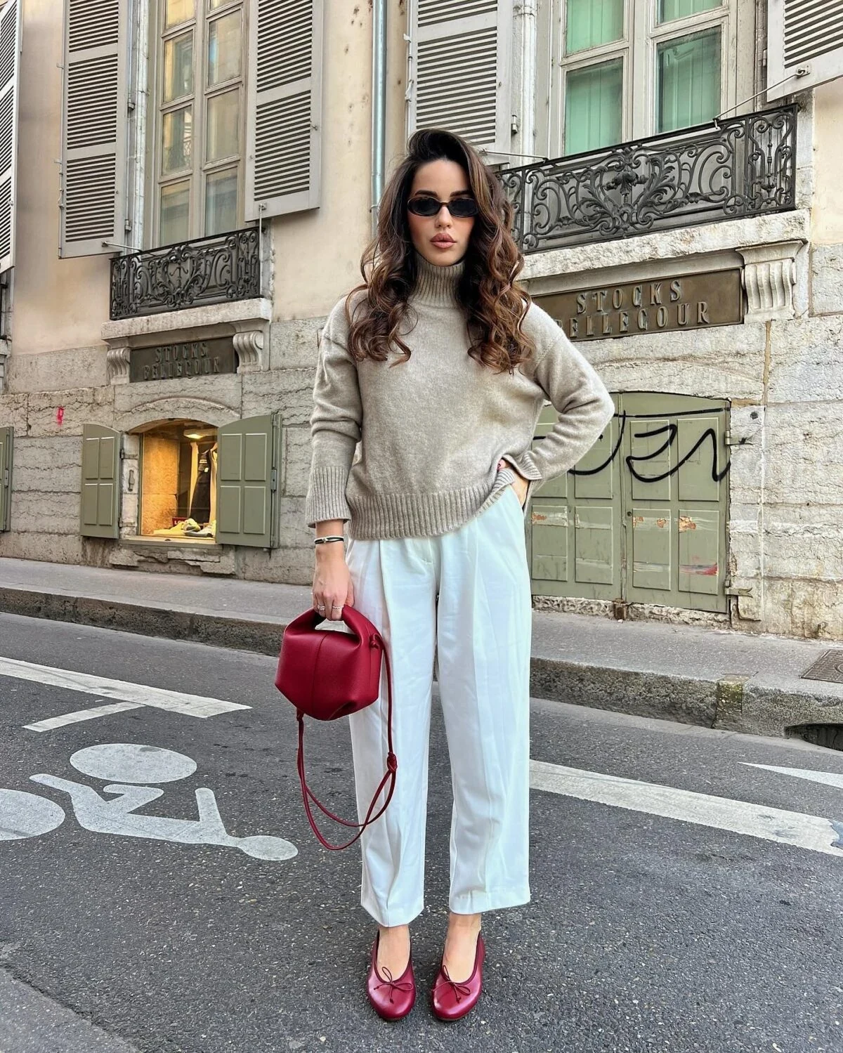 Oatmeal Sweater Ivory Trousers Red Ballet Flats Outfit
