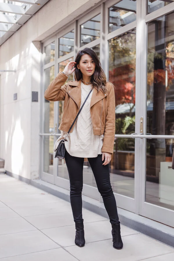Camel Suede Moto Jacket Outfit with Cable Knit Sweater