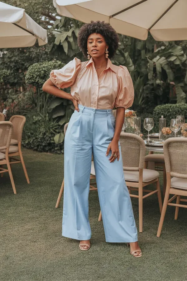 Peach Satin Puff Sleeve Shirt with Sky Blue Wide Leg Trousers