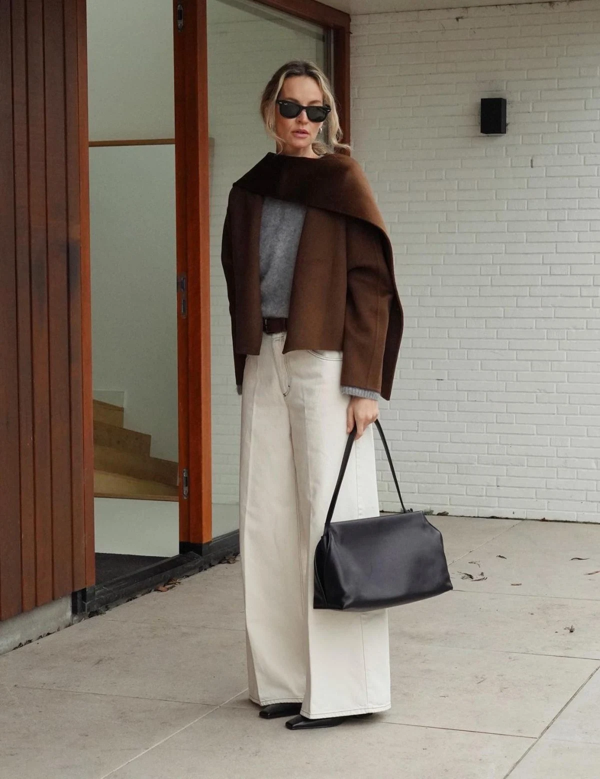 Brown Shearling Jacket Outfit with Cream Wide-Leg Trousers