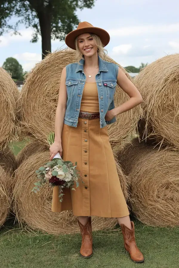 Tan Button-Front Midi Skirt with Sleeveless Denim Vest and Tan Felt Hat
