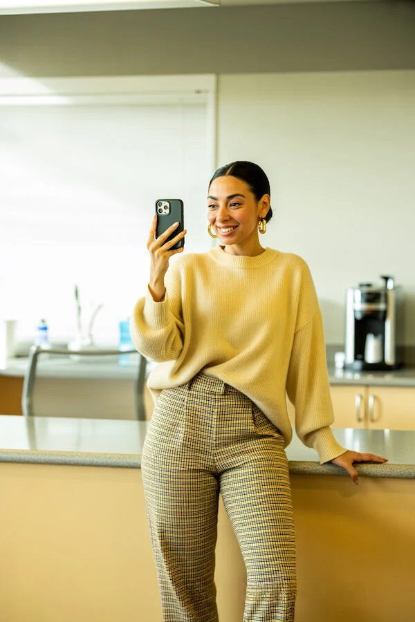 Butter Yellow Sweater Brown Check Trousers Outfit