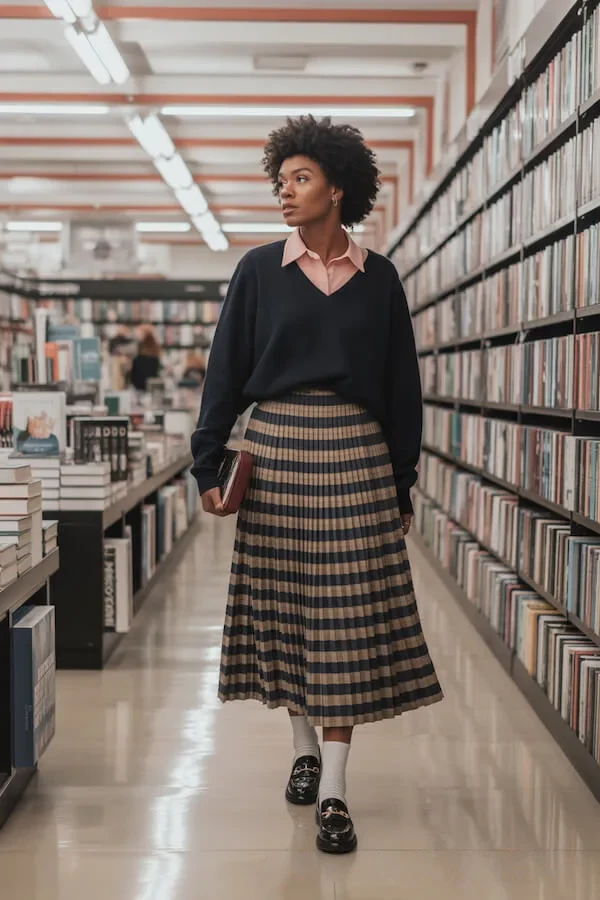 Black V-Neck Sweater Pink Collar Shirt Pleated Check Skirt Outfit