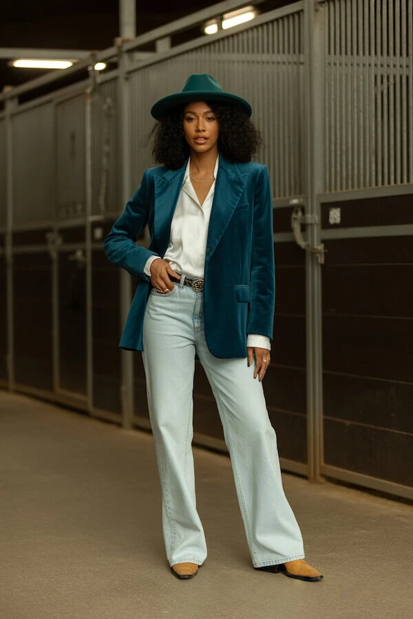 Teal Velvet Blazer Outfit with Wide-Leg Jeans