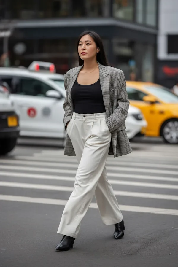 Grey Check Blazer with Ivory Wide-Leg Trousers and Black Bodysuit