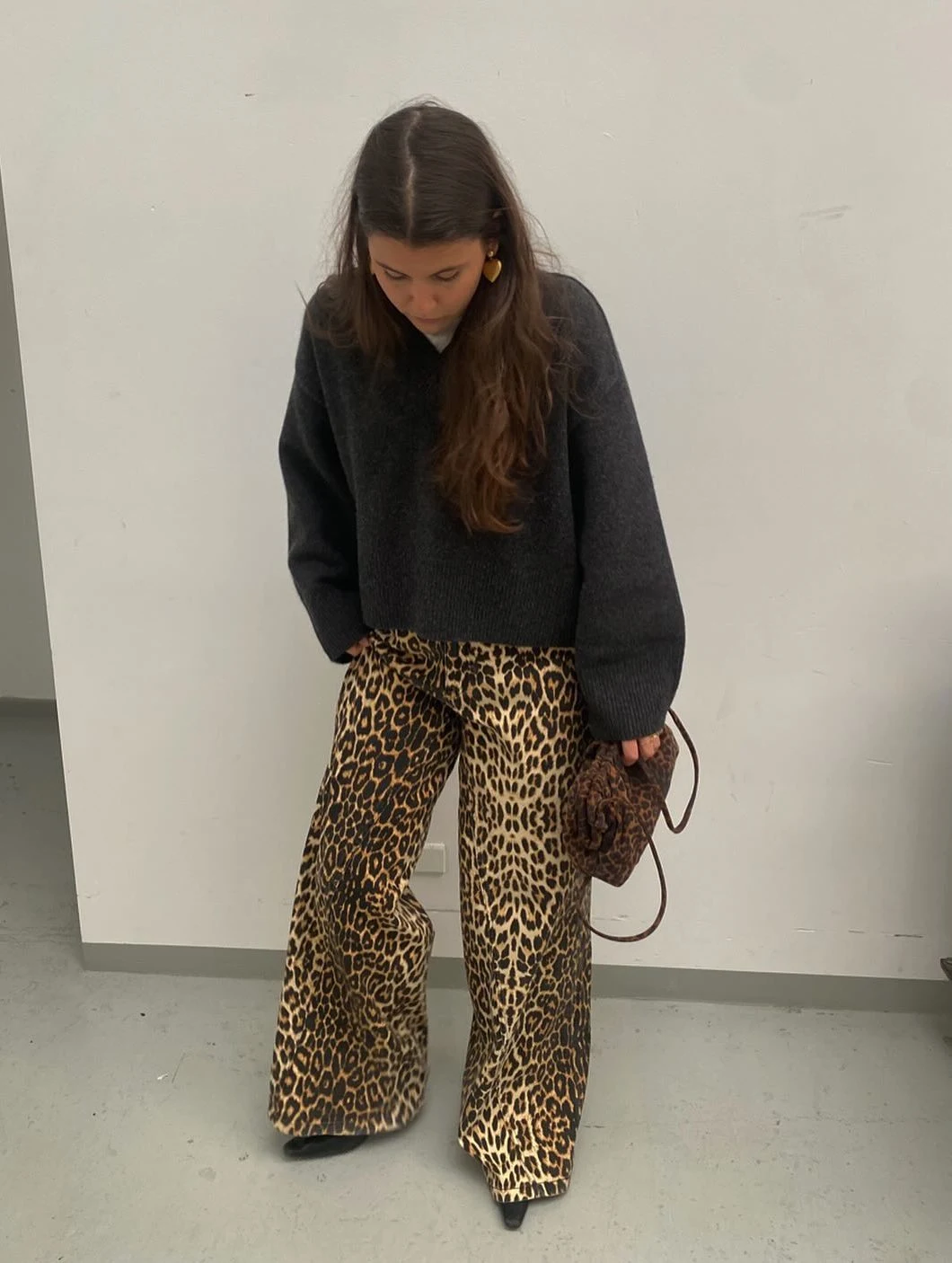 Leopard Print Trousers Outfit with Charcoal Knit Sweater