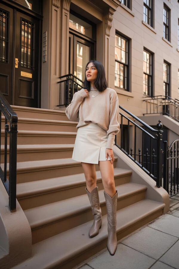 Beige Sweater Mini Skirt Cowboy Boots Outfit