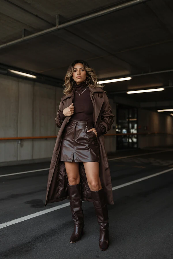 Chocolate Brown Leather Mini Skirt with Trench and Knee Boots