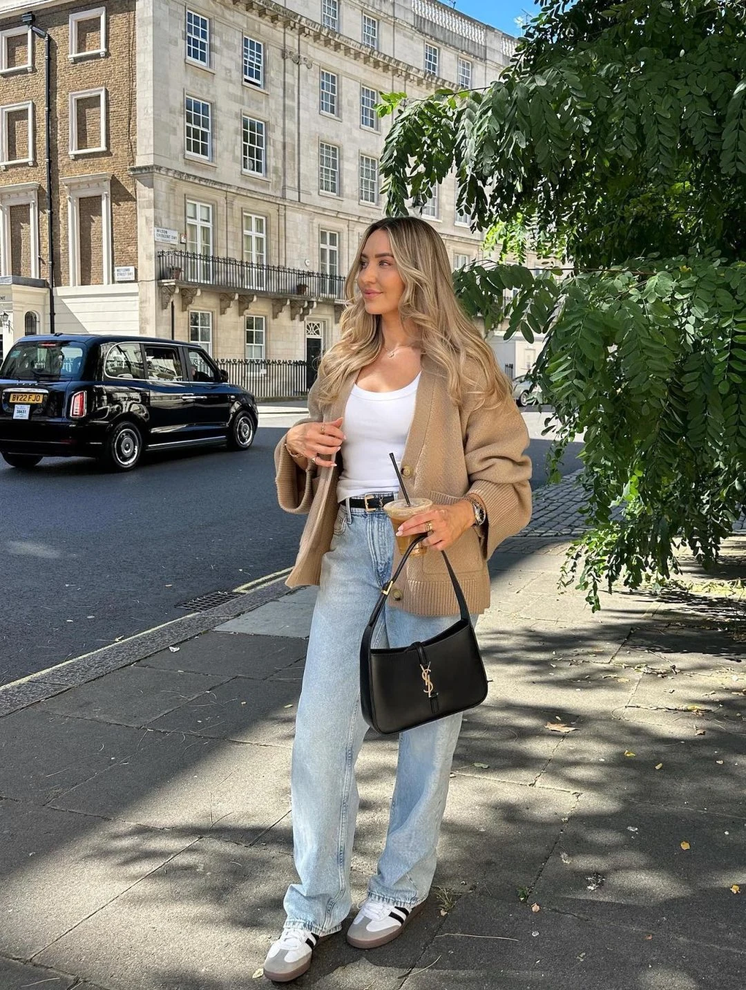 Camel Cardigan Outfit with White Tank and Baggy Jeans
