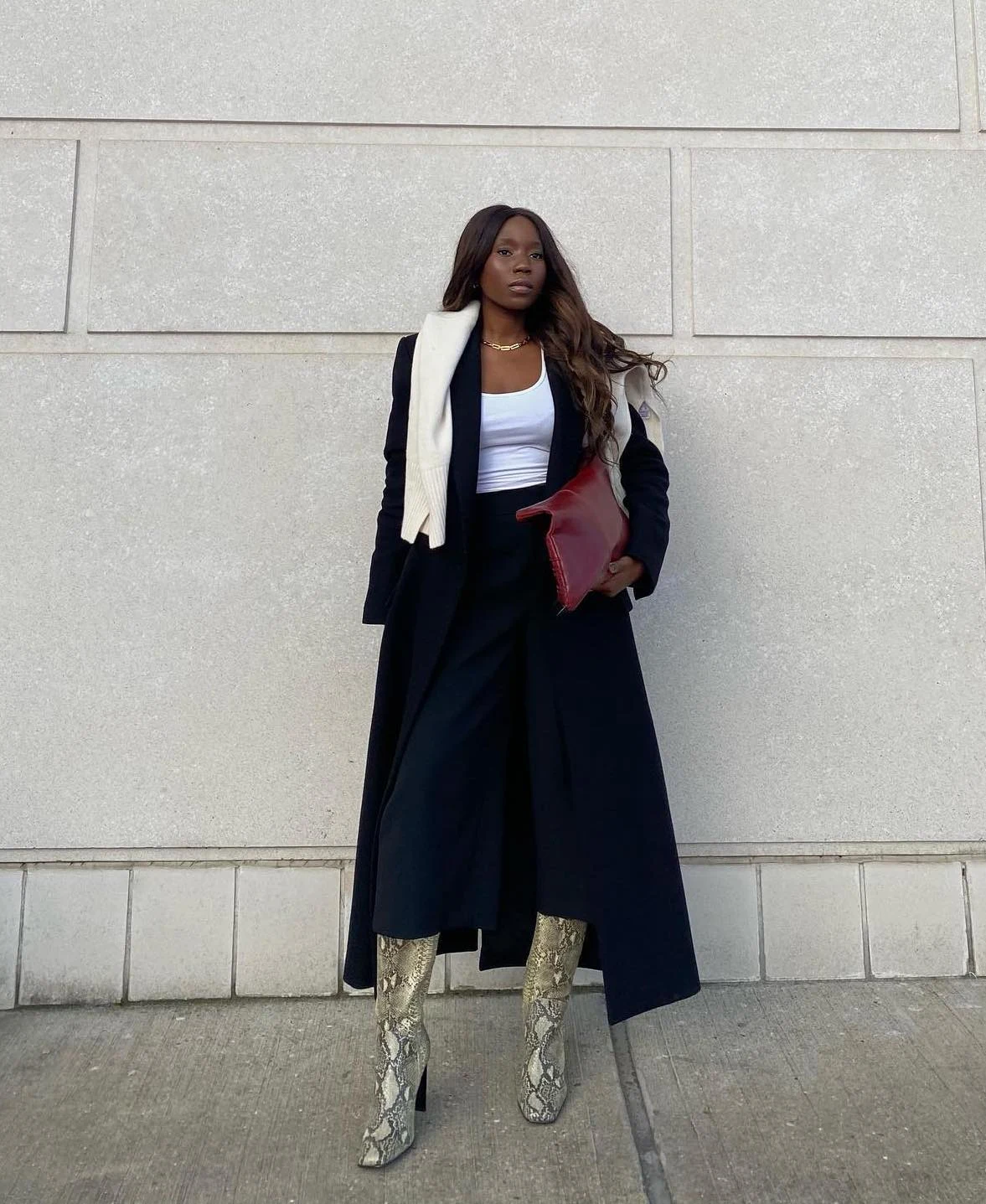 Black Wool Coat Outfit with Snake Print Boots