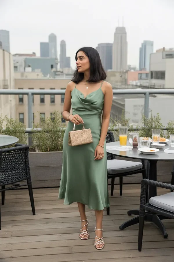 Sage Green Satin Slip Dress Outfit with Strappy Sandals