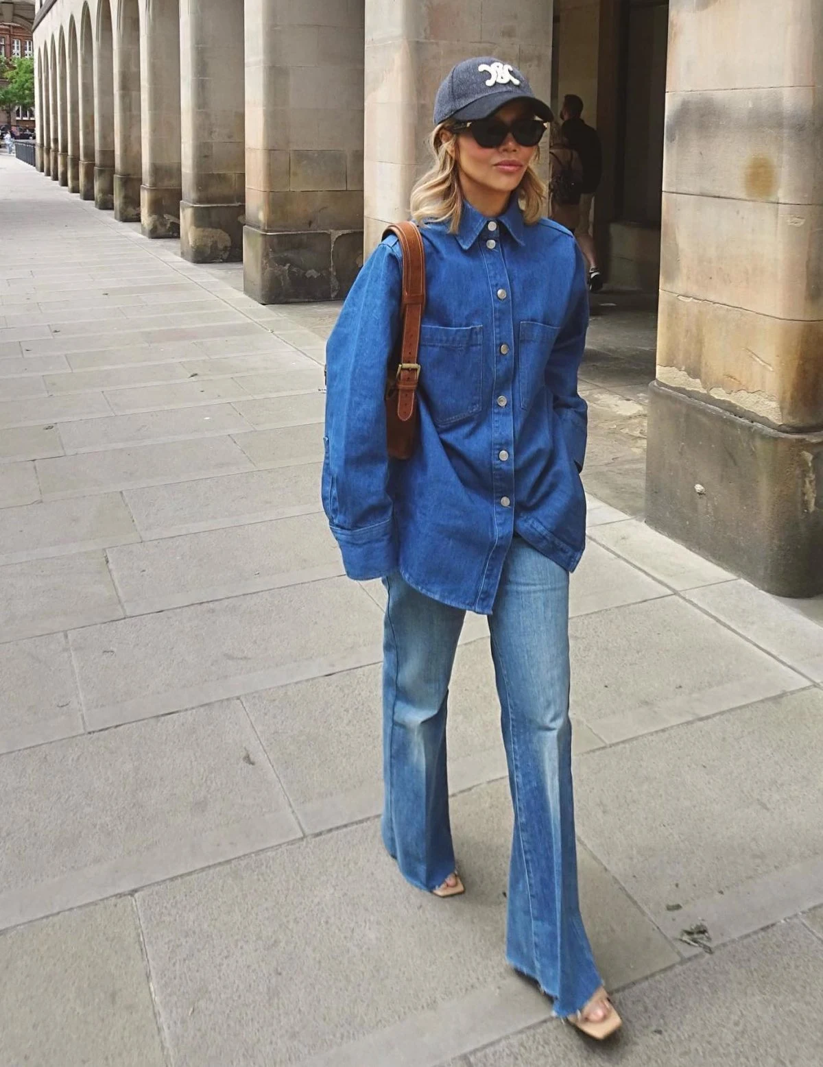 Oversized Denim Shirt Flared Jeans Outfit with Baseball Cap