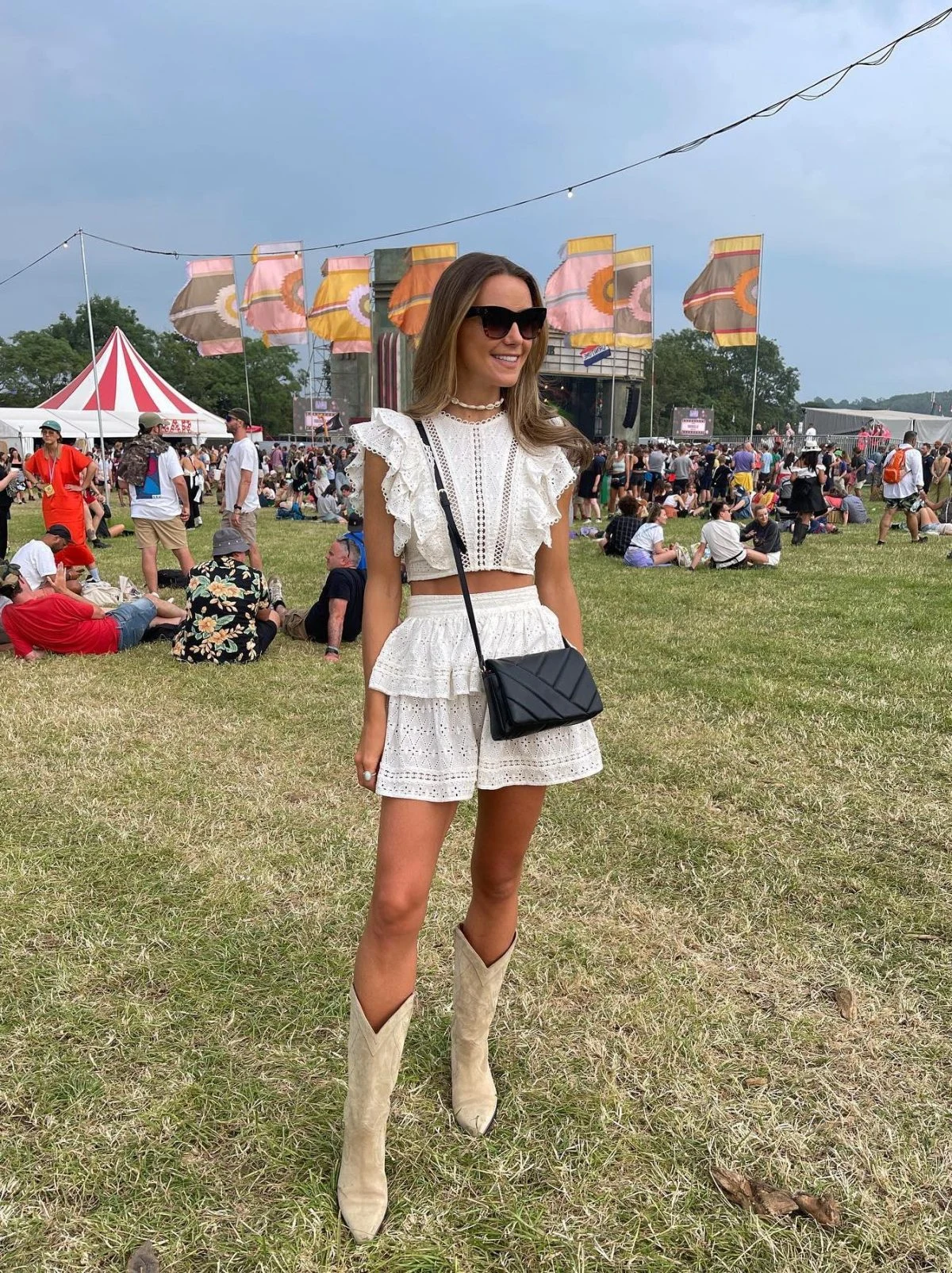 White Eyelet Two-Piece Outfit with Cowboy Boots