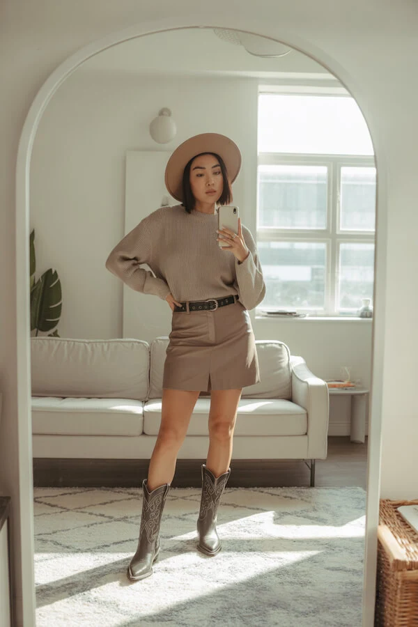 Taupe Sweater Brown Mini Skirt Cowboy Boots Outfit