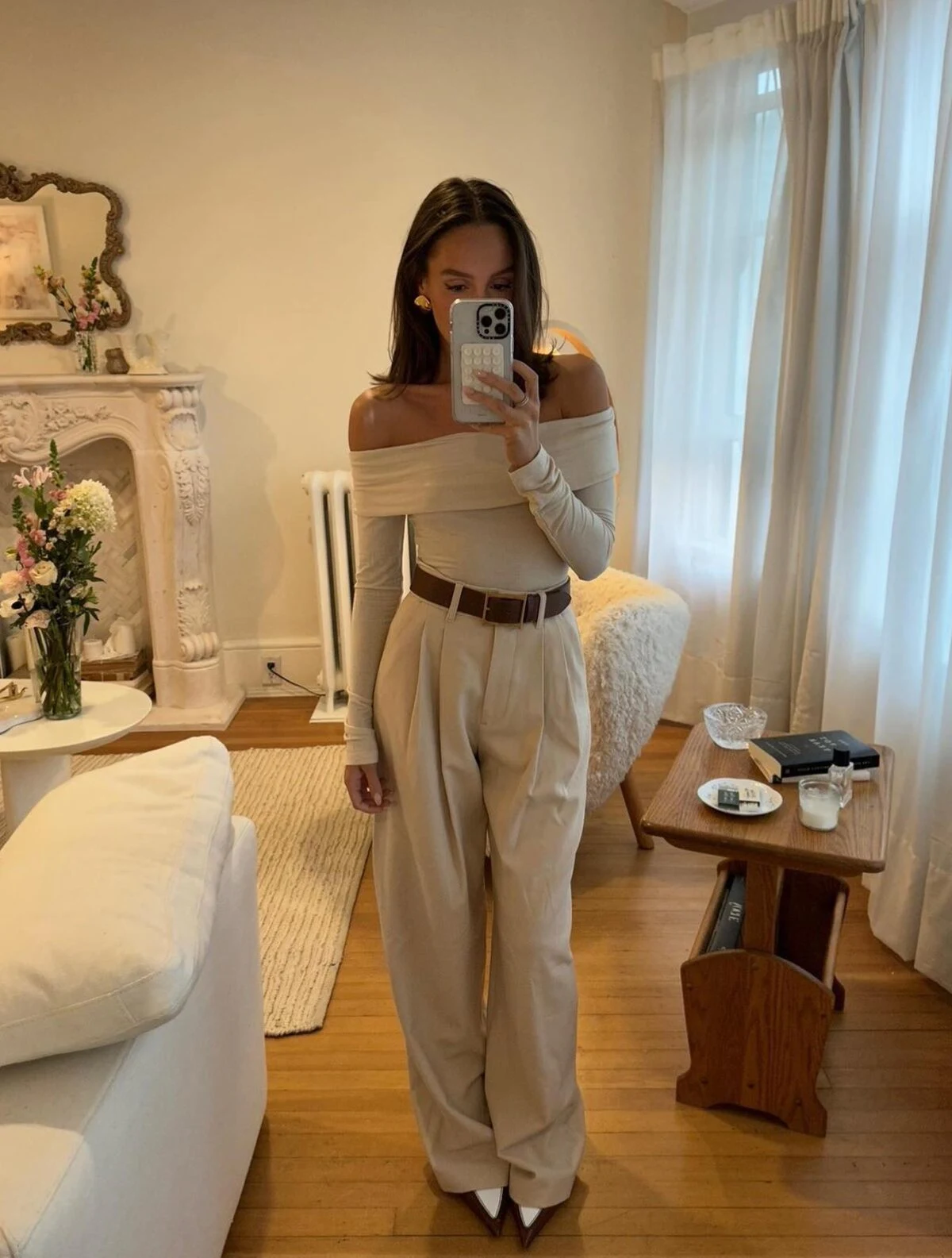 Off-Shoulder Cream Top Wide-Leg Beige Trousers Outfit
