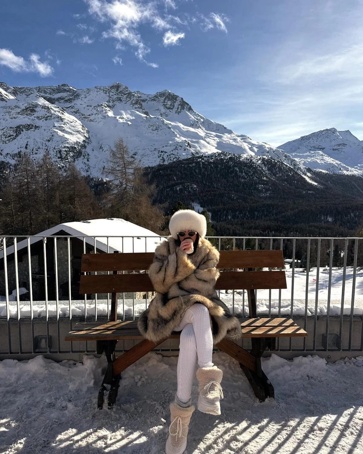 Fur Trim Puffer Coat Outfit with White Knit Tights