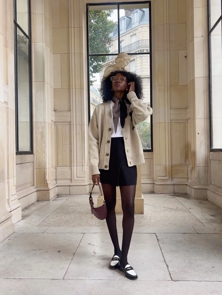 Cream Cardigan Black Shorts Parisian Outfit