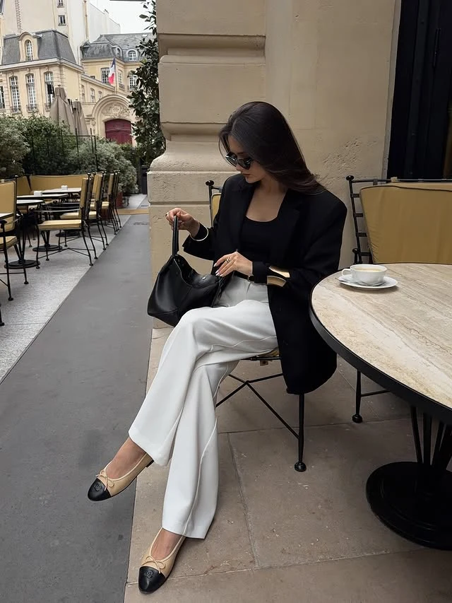 Black Blazer White Wide-Leg Trousers Café Outfit