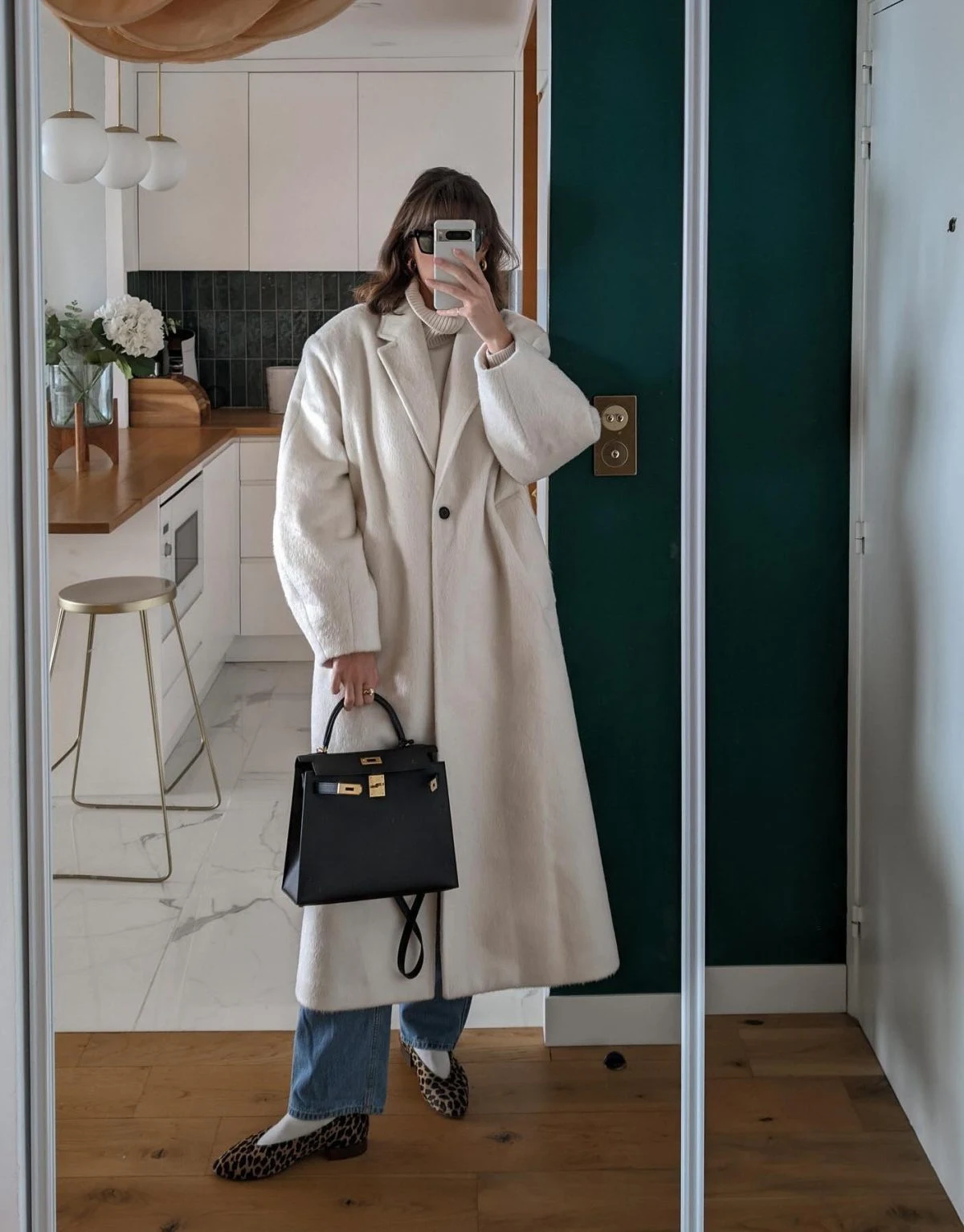 Cream Wool Coat Outfit with Turtleneck and Leopard Flats