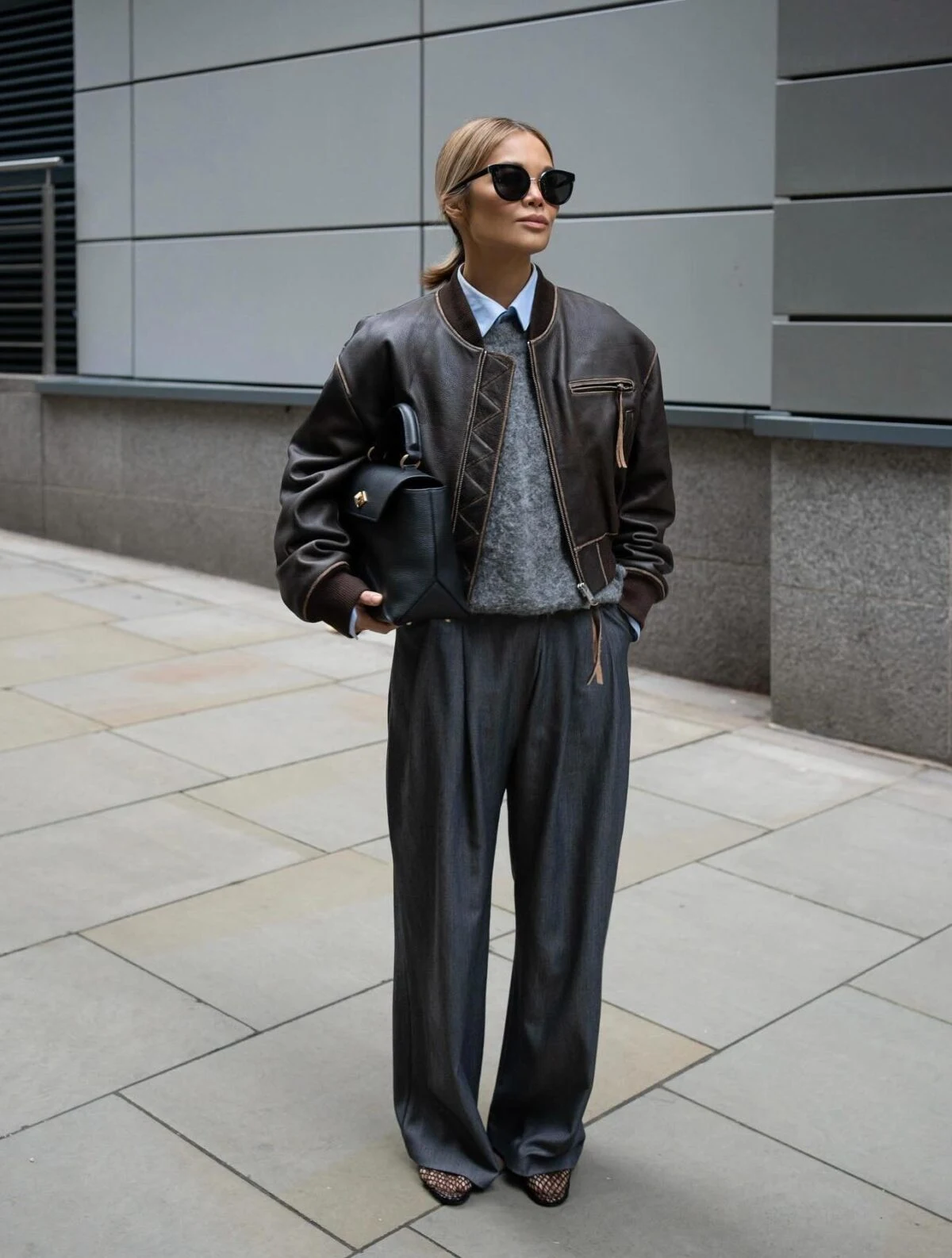 Brown Leather Bomber Jacket Outfit with Wide-Leg Trousers