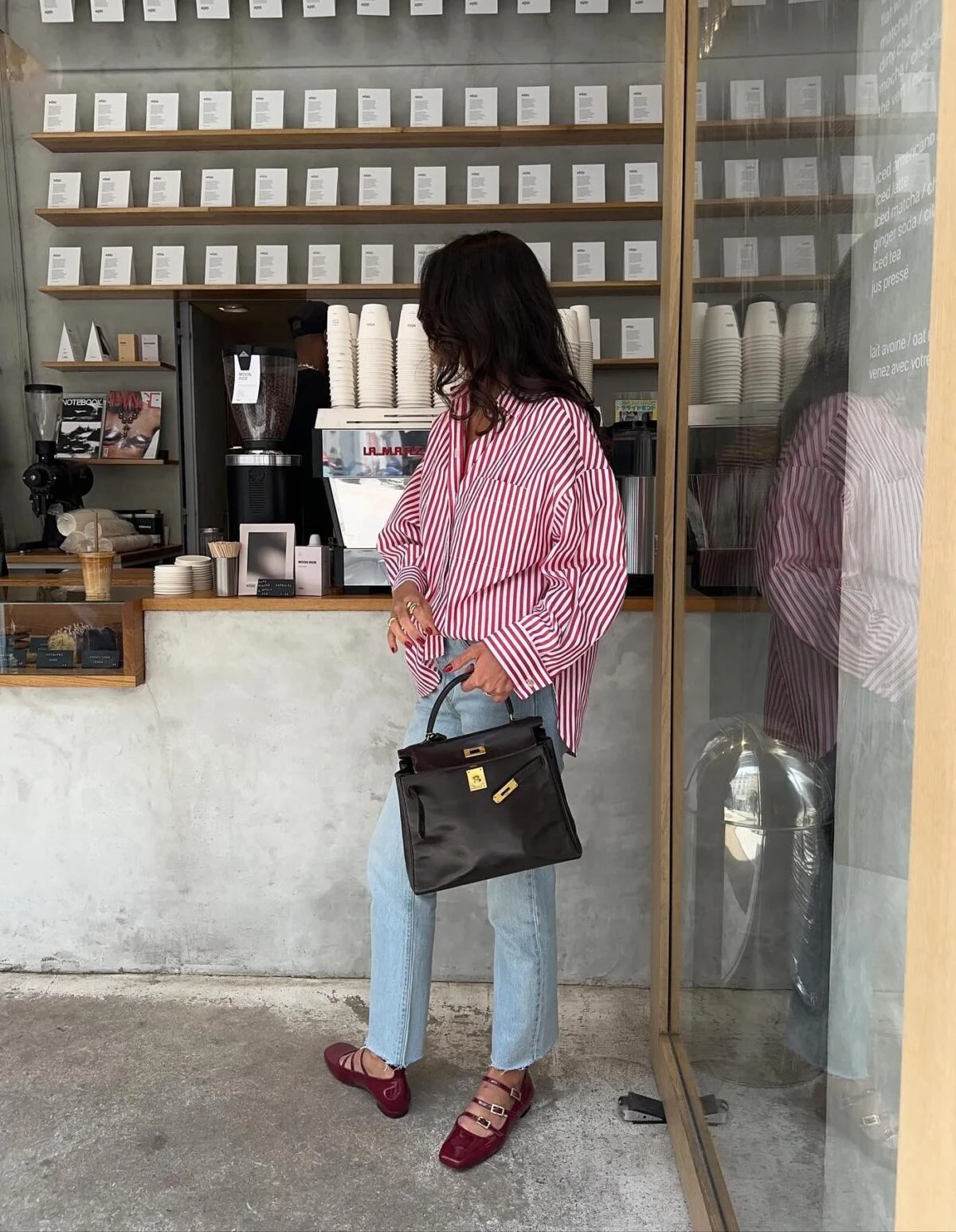 Red Striped Shirt Light Wash Jeans Burgundy Loafers