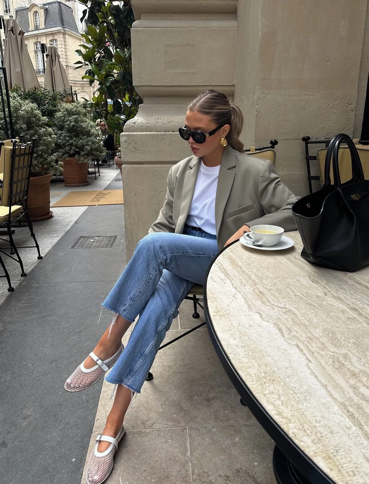 Sage Green Blazer Outfit with Wide-Leg Jeans