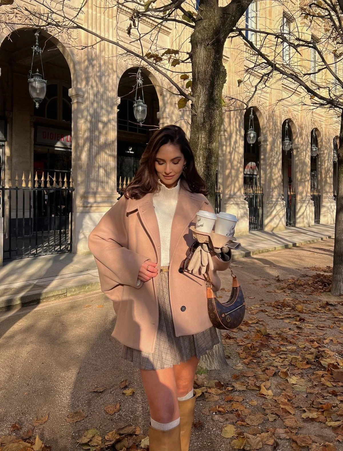 Camel Coat Cream Turtleneck Pleated Skirt Outfit