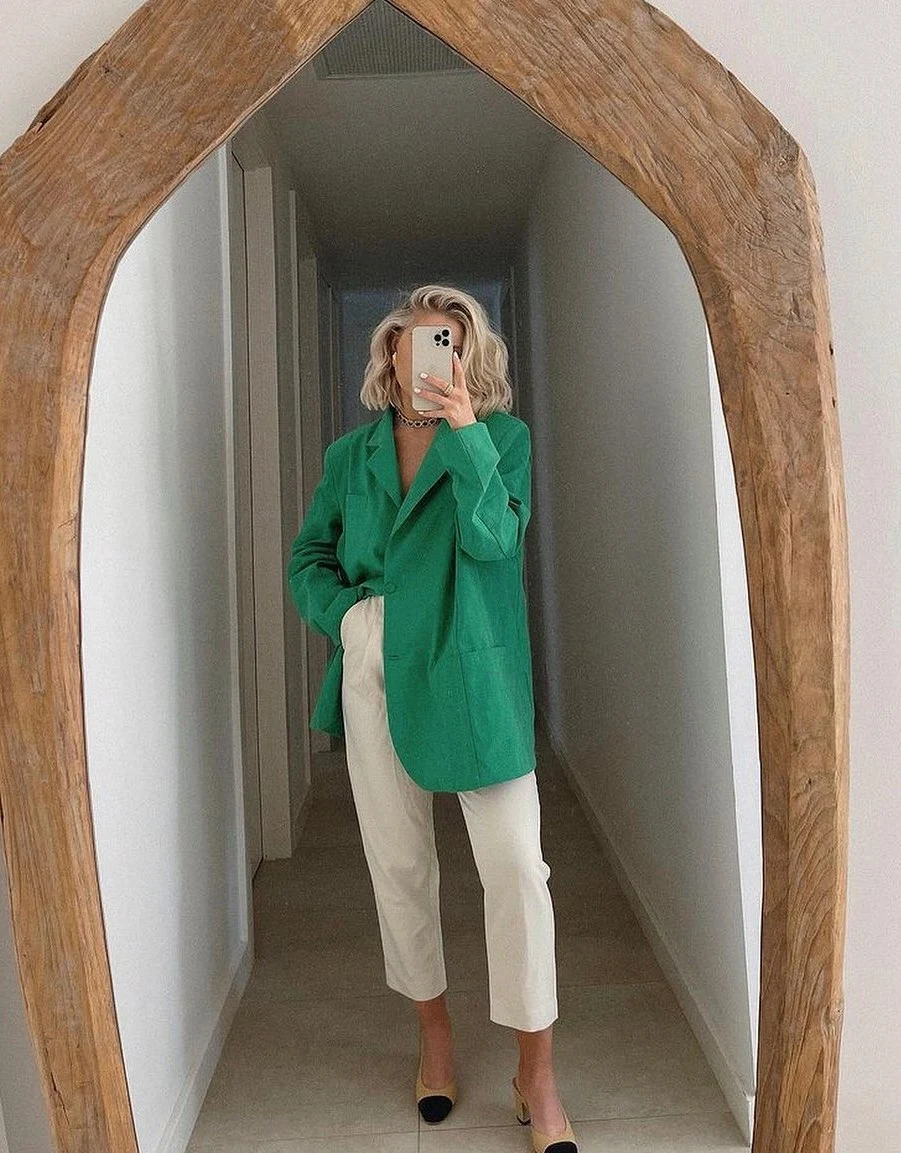 Green Oversized Blazer Outfit with Cream Trousers