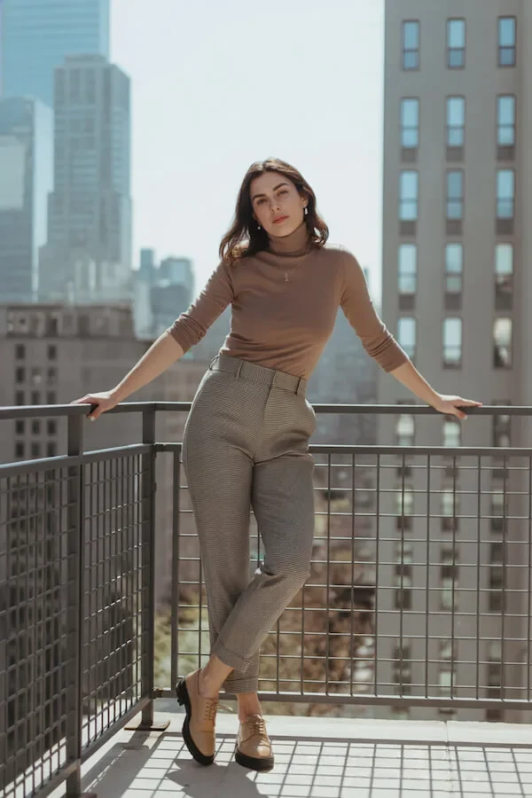 Camel Turtleneck with Brown Houndstooth Trousers City Outfit