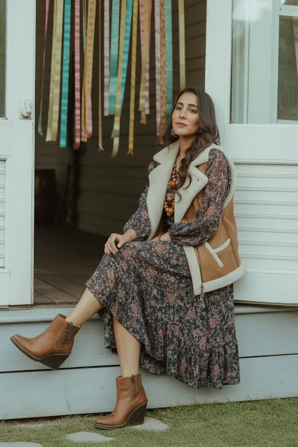 Shearling Vest Dark Floral Midi Dress Brown Ankle Boots Fall Outfit