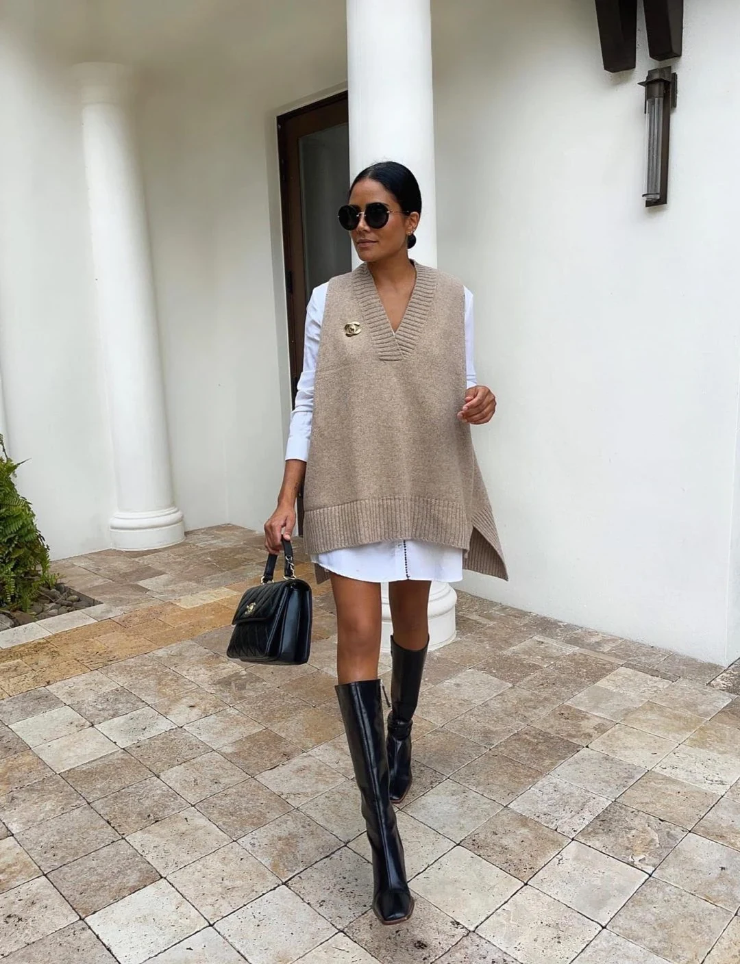 Camel Knit Vest Outfit with White Shirt Dress and Black Boots