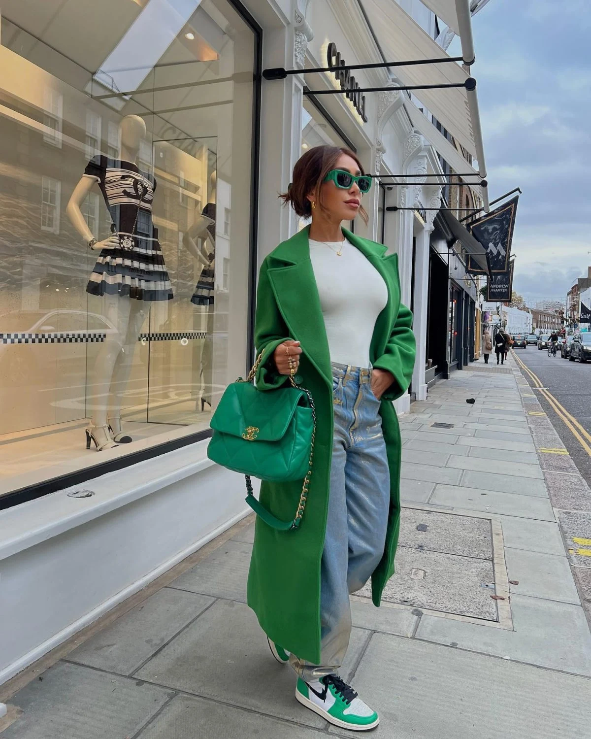 Green Wool Coat Outfit with Light Wash Jeans