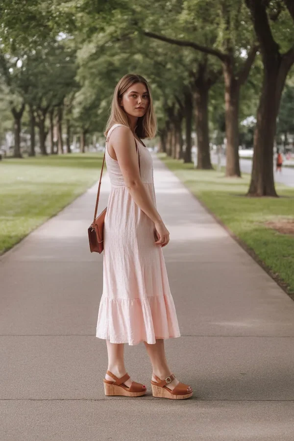 Pale Pink Tiered Midi Dress with Tan Crossbody and Wooden Clogs