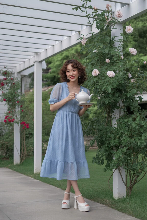 Blue Puff Sleeve Midi Dress with Tiered Hem and White Platform Sandals
