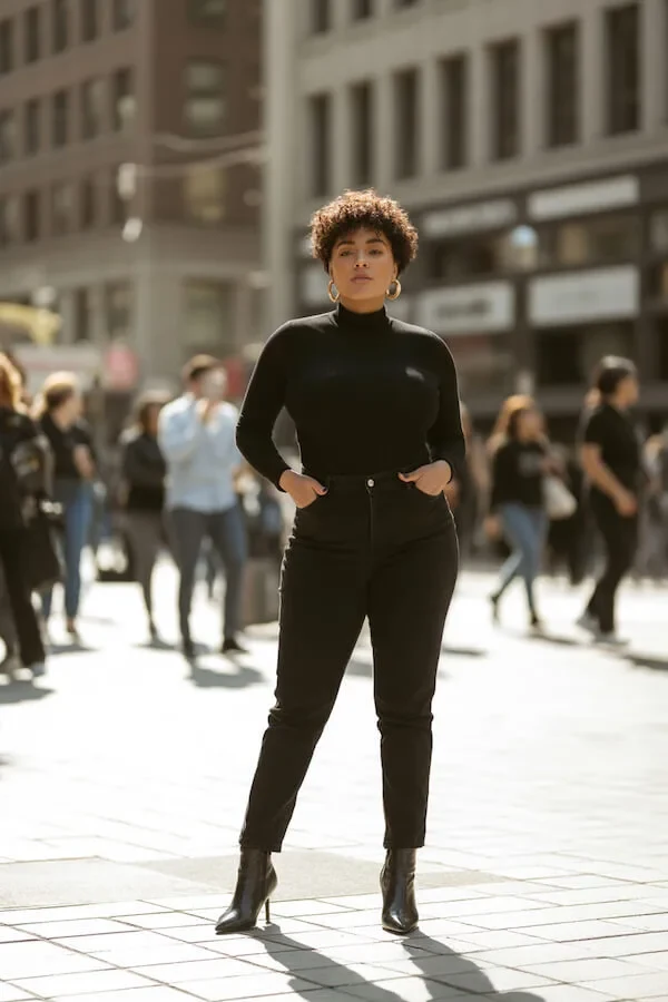 Black Turtleneck and Tailored Trousers with Ankle Boots